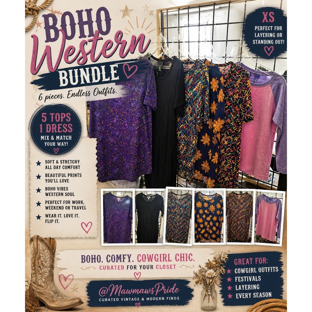 Boho Western Tunic Tops Dress Bundle XS Festival Cowgirl Print Lot Bundle of 6